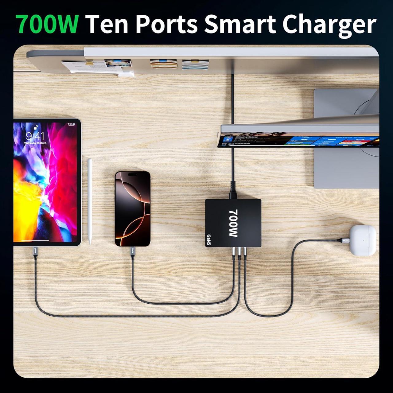 Alt view image 7 of 7 - 700W USB C Charger Block Fast 10 Port Charging Station Hub Brick PD 100W Gan Laptop Charger for  HP MacBook Pro/Air/All iPad iPhone 16 15/14/13/Pro Max/ Galaxy Note