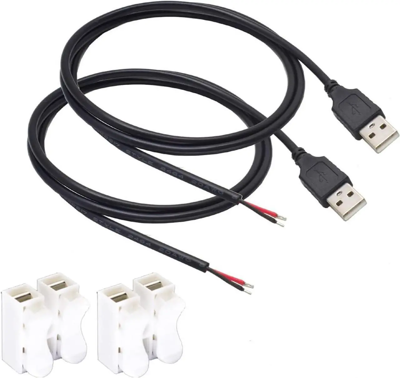 Main image of 2pcs 1M/3.3Ft 20AWG USB 2.0 Male Plug 2pin Wire DIY Pigtail Cable 5V 5A Black USB Power Cable