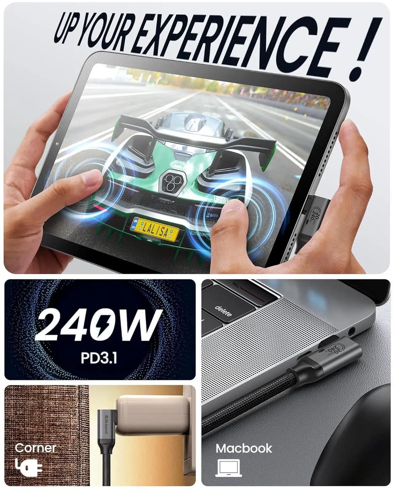 Alt view image 6 of 7 - USB C 3.2 Gen 2x2 Cable Right Angle 3.3FT 20Gbps 90 Degree High Speed Data Transfer 5K/4K 60Hz Type C Monitor Cable 240W PD Compatible for SSD Hub Dock eGPU