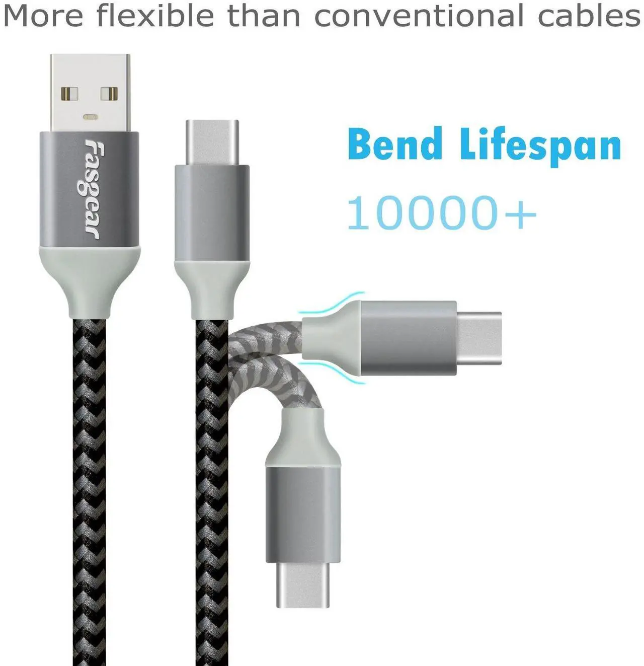 Alt view image 2 of 6 - USB C to USB A Cables 10ft 2 Pack Long 3A Fast Charging Type-C 2.0 Charger Cable Braided Compatible with Galaxy S21 Plus Note 10 S9 S8 A60 A5/LG V20 G6/Moto G/PS5 Controller (Black White)