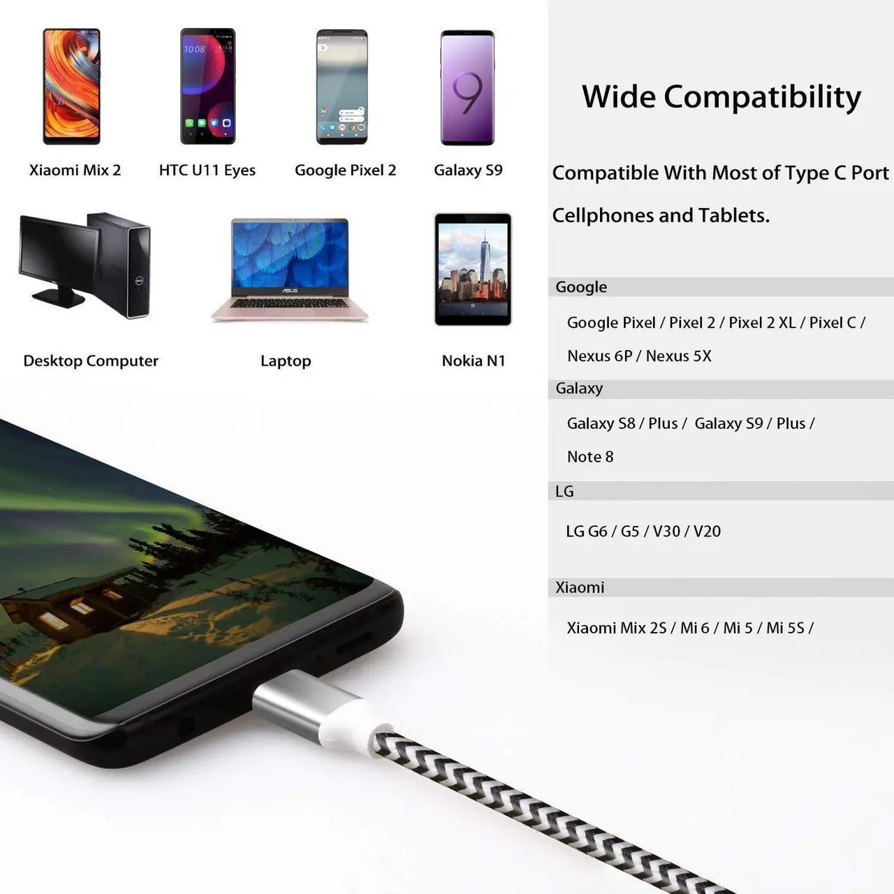 Alt view image 5 of 6 - USB C to USB A Cables 10ft 2 Pack Long 3A Fast Charging Type-C 2.0 Charger Cable Braided Compatible with Galaxy S21 Plus Note 10 S9 S8 A60 A5/LG V20 G6/Moto G/PS5 Controller (Black White)