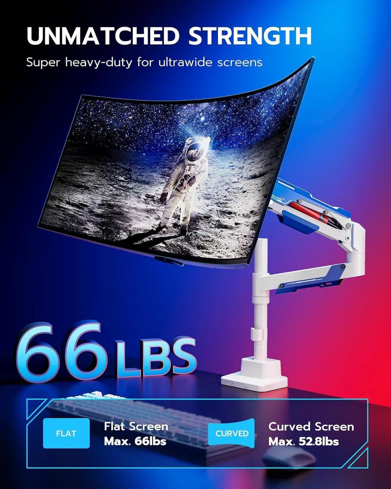 Alt view image 2 of 7 - Single Monitor Mount Ultrawide Monitor Arm for 24 to 57 Inch Heavy Duty Curved Screen Adjustable Gas Spring Monitors Arm Stand up to 66LBS with 75/100/200 Vesa Mount White