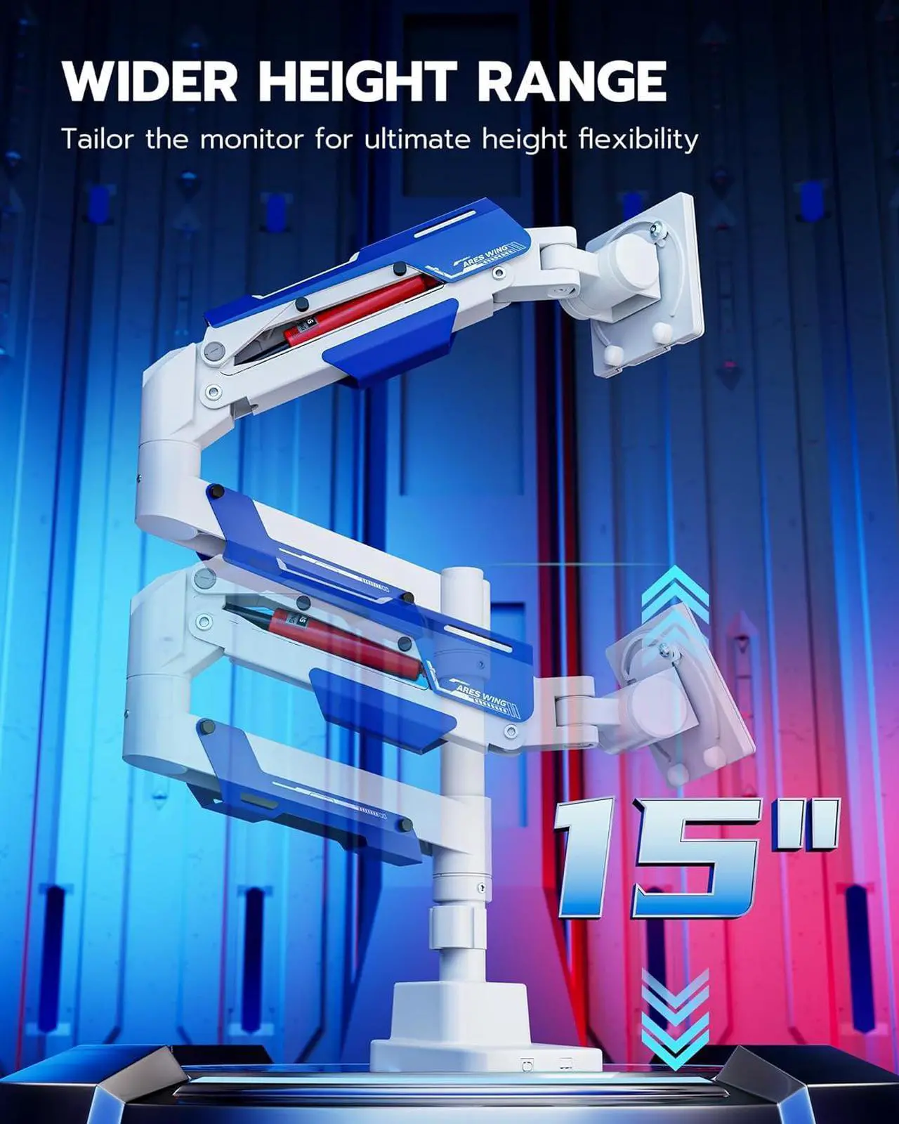 Alt view image 4 of 7 - Single Monitor Mount Ultrawide Monitor Arm for 24 to 57 Inch Heavy Duty Curved Screen Adjustable Gas Spring Monitors Arm Stand up to 66LBS with 75/100/200 Vesa Mount White