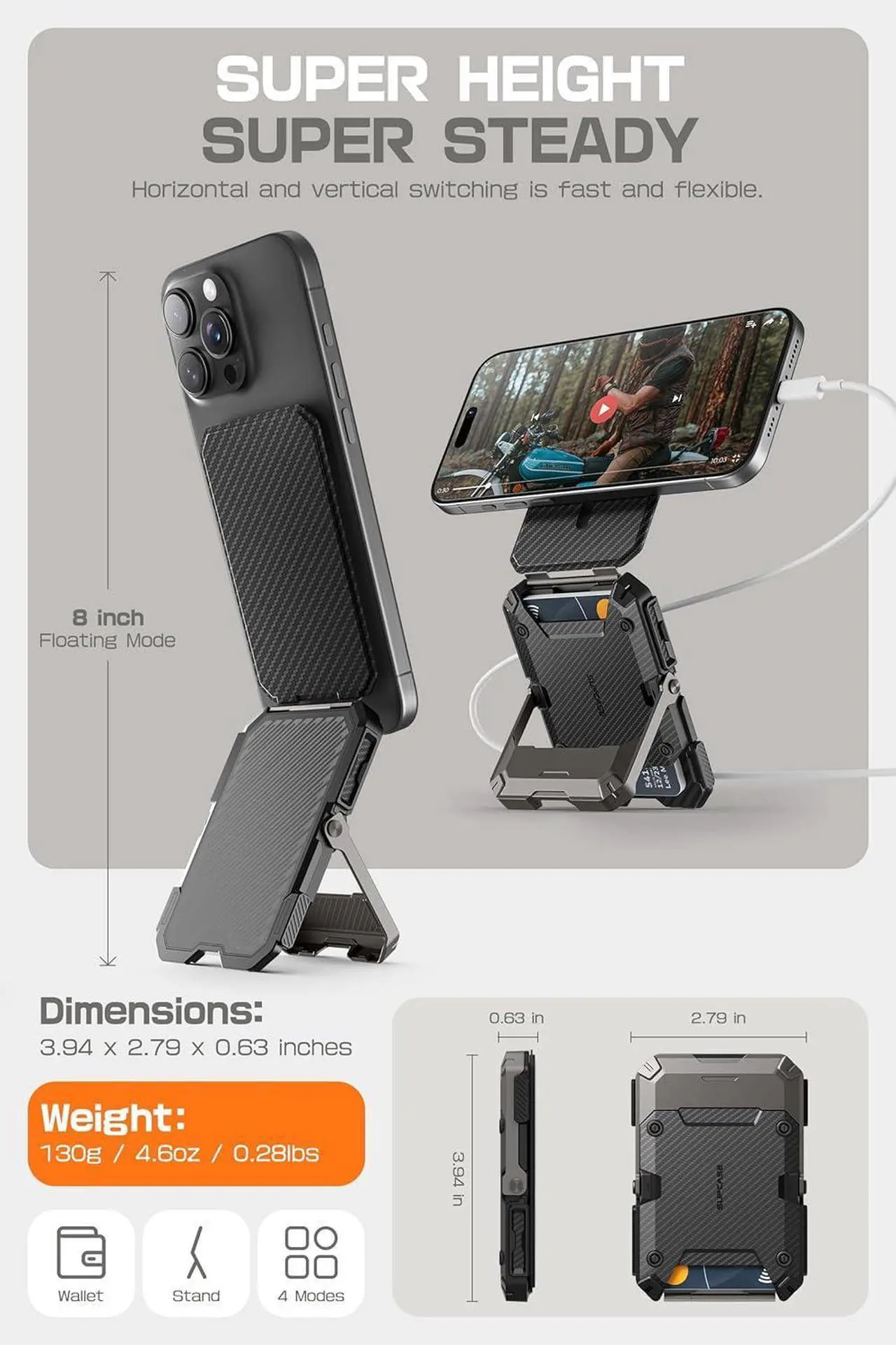 Alt view image 5 of 7 - for MagSafe Wallet with Stand Magnetic Wallet for Men [Hold 5 Cards] [Adjustable Stand] [RFID Blocking] Phone Stand Credit Card Holder Tripod for iPhone 16/15/14/13/12 Series Carbon