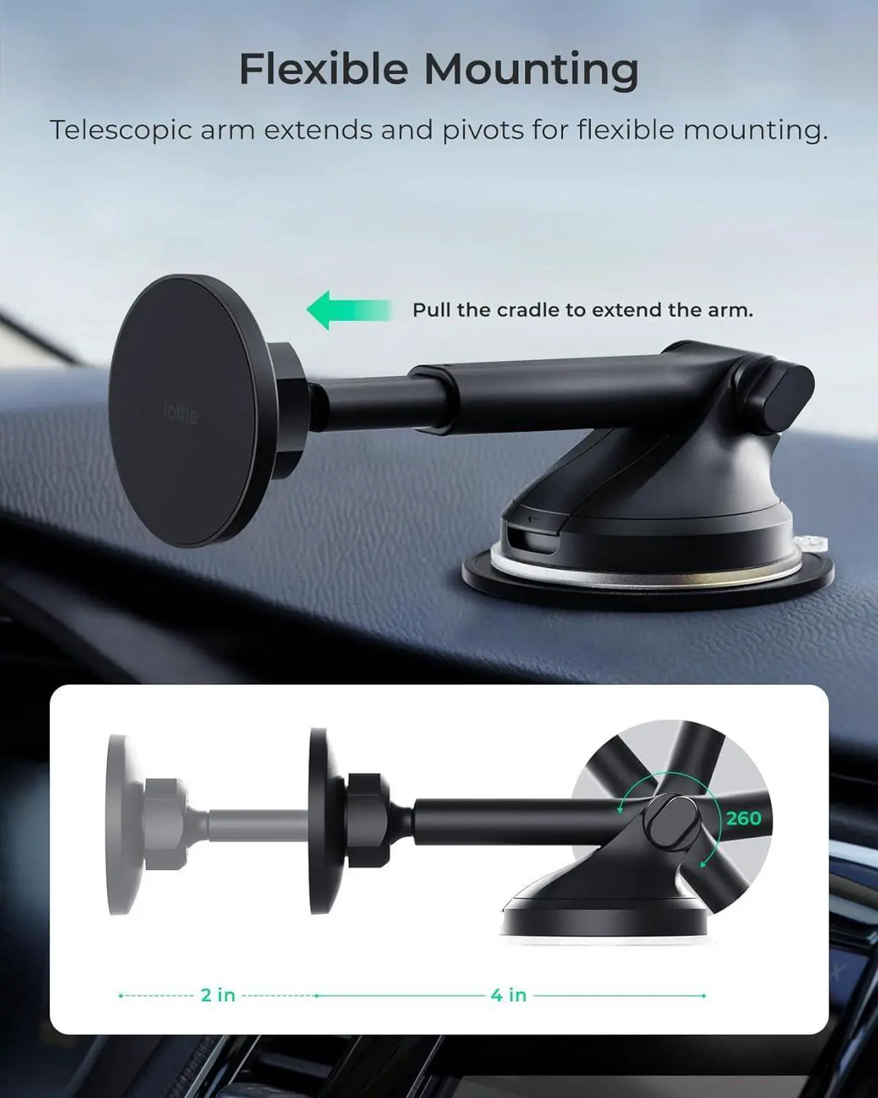 Alt view image 4 of 6 - iTap 3 Magnetic Dash & Windshield Mount Car Phone Holder with Magnetic Ring Adapter. Compatible with Qi2 MagSafe iPhone and Android Smartphones.