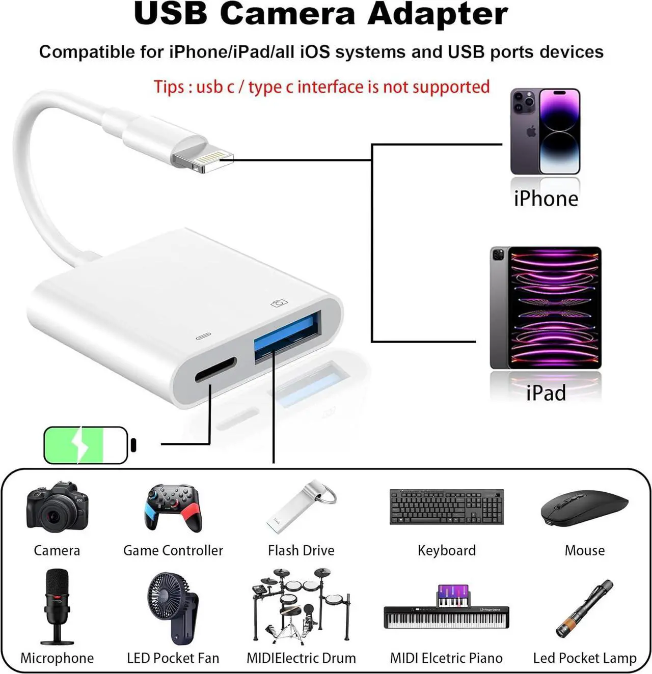 Alt view image 6 of 7 - [ MFi Certified] Lightning to USB Camera Adapter for iPhone High-Speed USB Female OTG Cable with Charging Port for iPad to Connect Card Reader Plug and Play