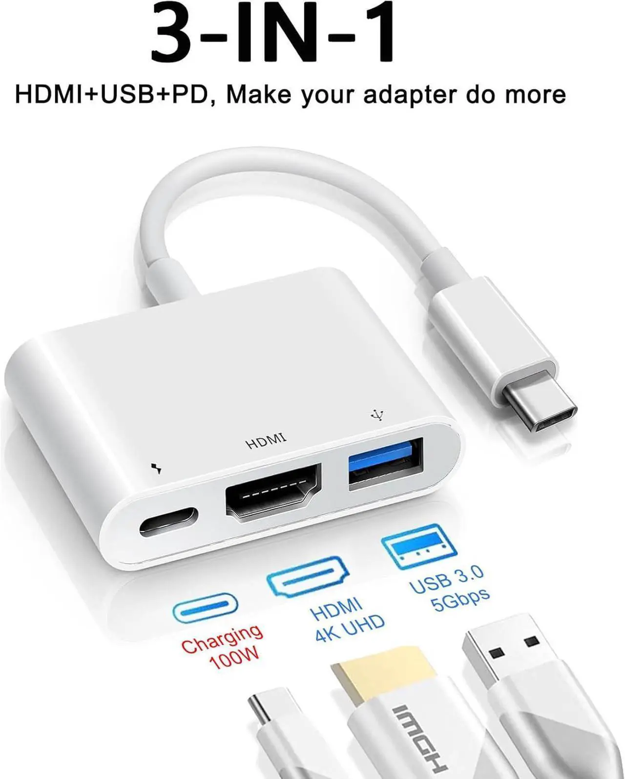 Alt view image 2 of 7 - 2 Pack USB C to HDMI USB C to USB 3.0 Adapter with 4K HDMI PD 100W 3-in-1 Type C OTG Adapter Compatible for iPhone 15/16 iPad Air/Pro MacBook XPS Galaxy S23