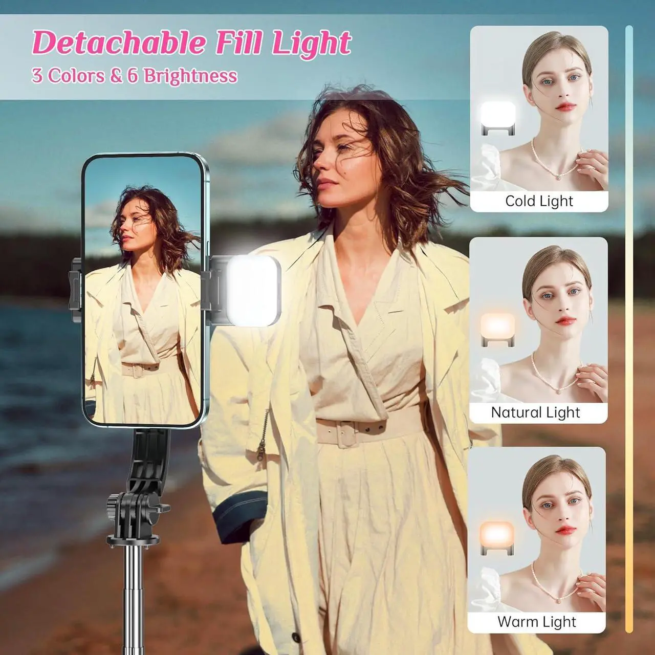 Alt view image 2 of 7 - Selfie Stick Tripod with Fill Light All in One Extendable Selfie Stick with Detachable Wireless Remote Flexible Phone Tripod Stand Compatible with iPhone/Galaxy Compact Size & Lightweight