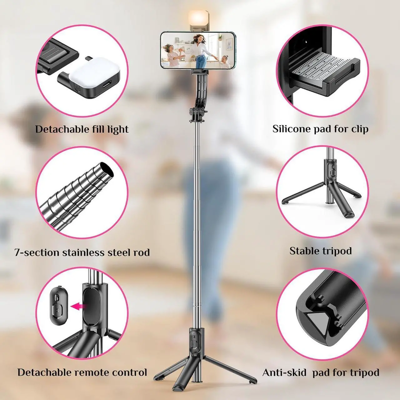 Alt view image 3 of 7 - Selfie Stick Tripod with Fill Light All in One Extendable Selfie Stick with Detachable Wireless Remote Flexible Phone Tripod Stand Compatible with iPhone/Galaxy Compact Size & Lightweight