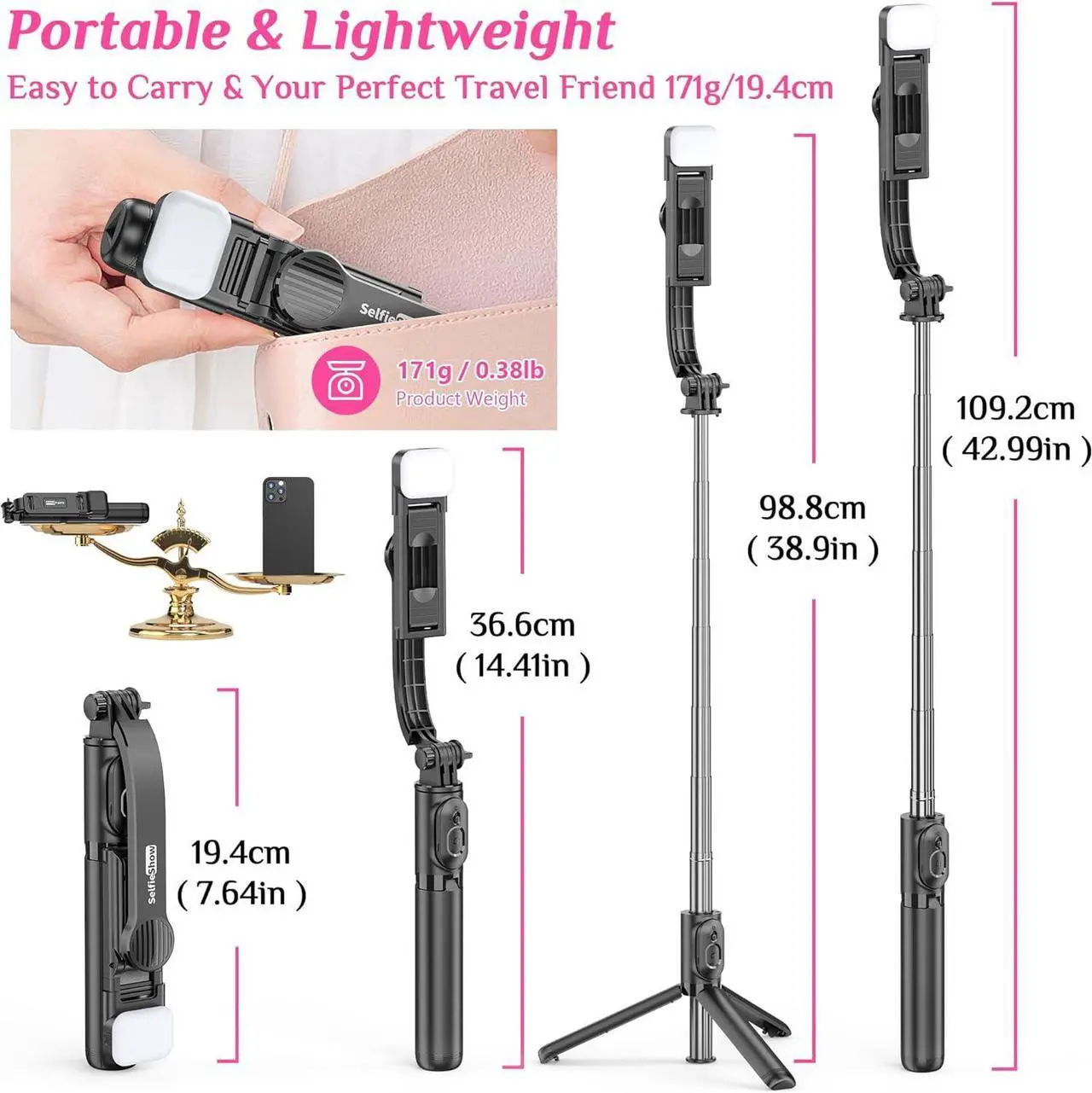 Alt view image 6 of 7 - Selfie Stick Tripod with Fill Light All in One Extendable Selfie Stick with Detachable Wireless Remote Flexible Phone Tripod Stand Compatible with iPhone/Galaxy Compact Size & Lightweight