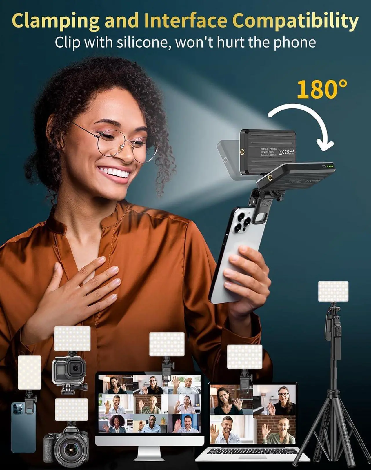 Alt view image 5 of 7 - 120LED Portable Selfie Light:Phone Light with Clip & Camera Tripod Adapter Rechargeable 3000mAh CRI 95+ 3 Light Modes for Video Conference Lighting Makeup Live Vlog is Appy to Creator