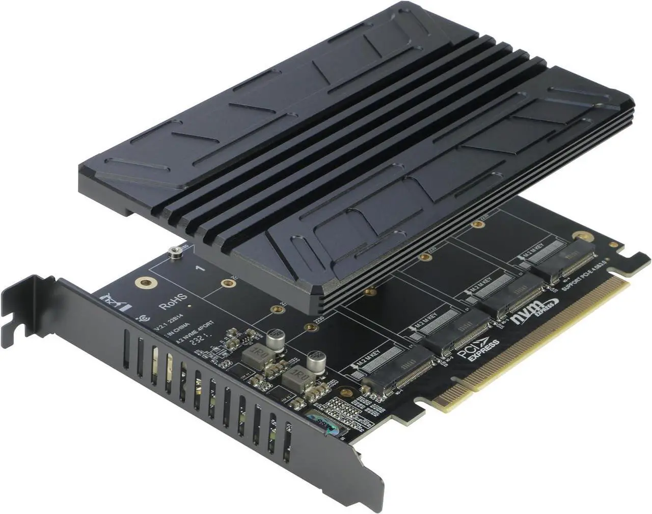 Main image of Quad NVMe PCIe Adapter 4-Port NVMe to PCI-e 4.0/3.0 x16 Expand Controller Card with Heatsink for 2280/2260/2242/2230 M.2 NVMe SSD (PCI-e Bifurcation Required)