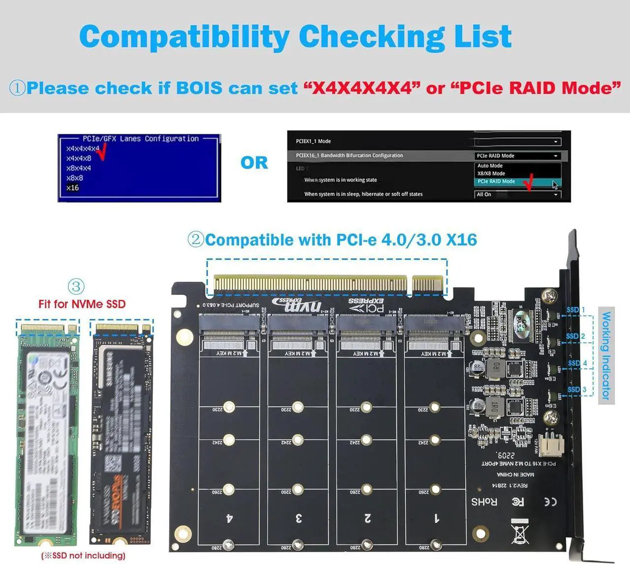 Alt view image 2 of 6 - Quad NVMe PCIe Adapter 4-Port NVMe to PCI-e 4.0/3.0 x16 Expand Controller Card with Heatsink for 2280/2260/2242/2230 M.2 NVMe SSD (PCI-e Bifurcation Required)