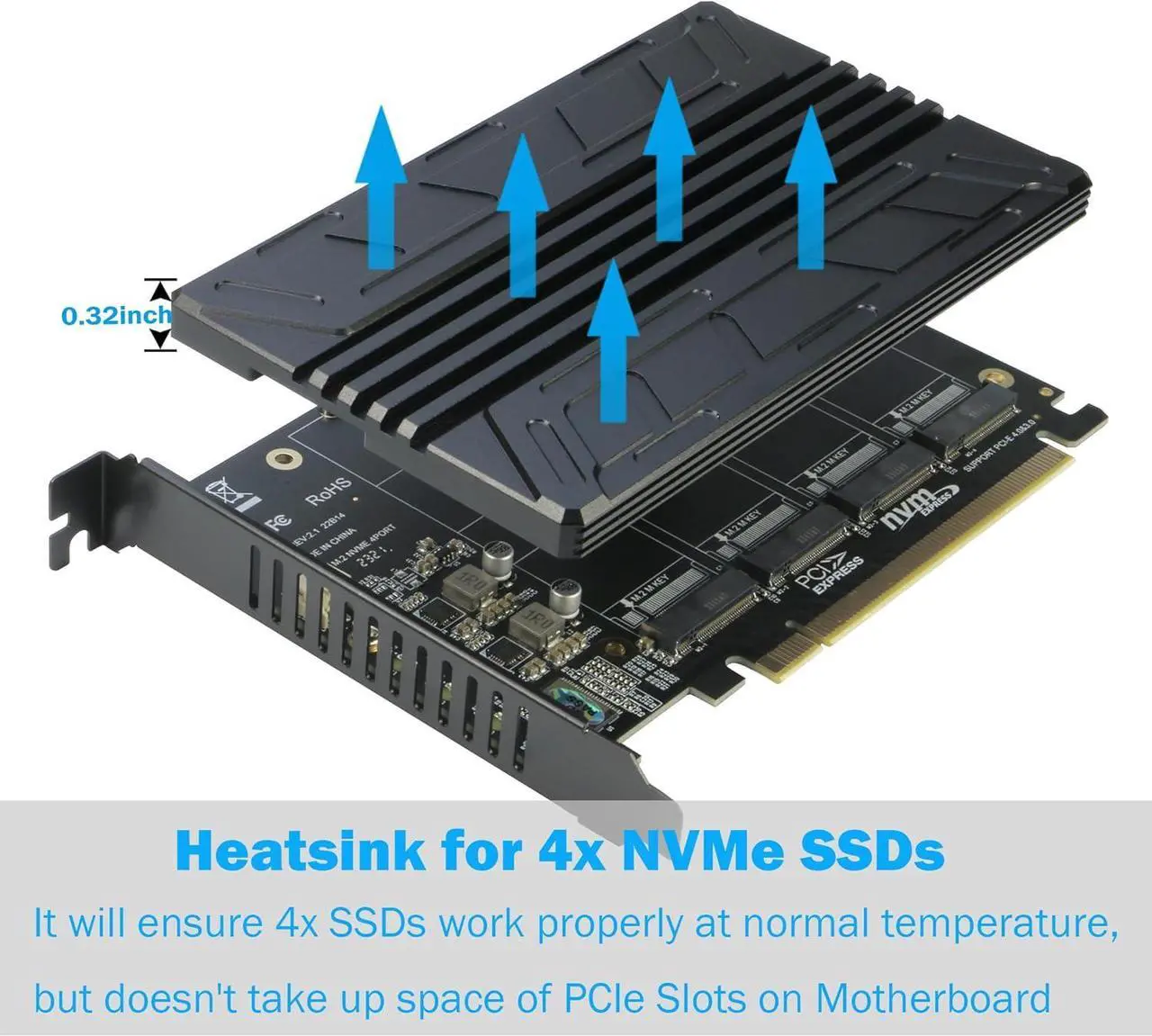 Alt view image 3 of 6 - Quad NVMe PCIe Adapter 4-Port NVMe to PCI-e 4.0/3.0 x16 Expand Controller Card with Heatsink for 2280/2260/2242/2230 M.2 NVMe SSD (PCI-e Bifurcation Required)