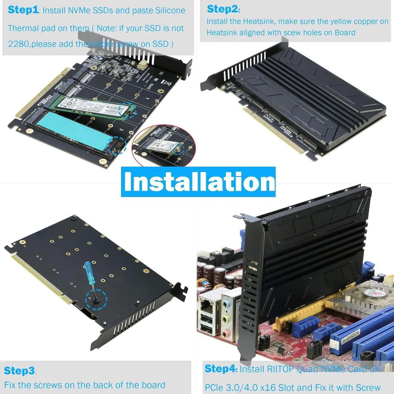 Alt view image 4 of 6 - Quad NVMe PCIe Adapter 4-Port NVMe to PCI-e 4.0/3.0 x16 Expand Controller Card with Heatsink for 2280/2260/2242/2230 M.2 NVMe SSD (PCI-e Bifurcation Required)