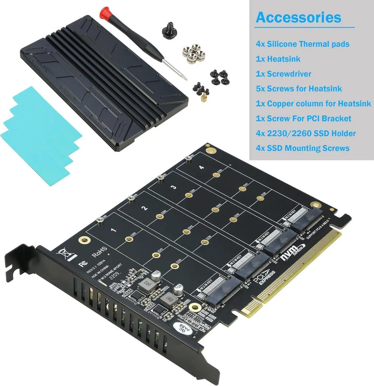 Alt view image 6 of 6 - Quad NVMe PCIe Adapter 4-Port NVMe to PCI-e 4.0/3.0 x16 Expand Controller Card with Heatsink for 2280/2260/2242/2230 M.2 NVMe SSD (PCI-e Bifurcation Required)