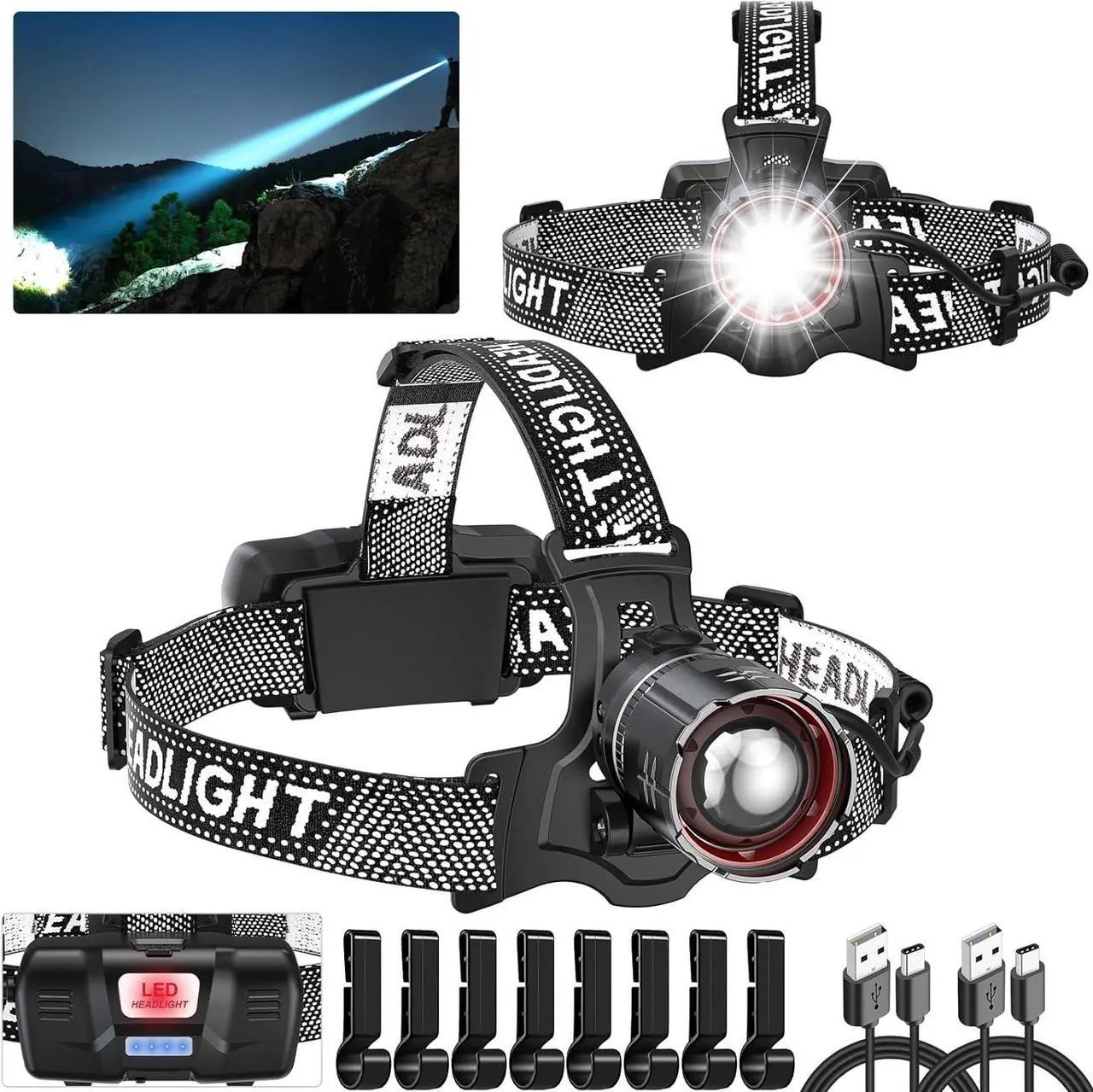 Main image of Super Bright Headlamp Rechargeable 2 Pack High Lumen LED Head Lamp with Motion Sensor 5 Modes Zoomable Head Light for Forehead 90° Adjustable Waterproof Headlamps for Adults Hard Hat Camping