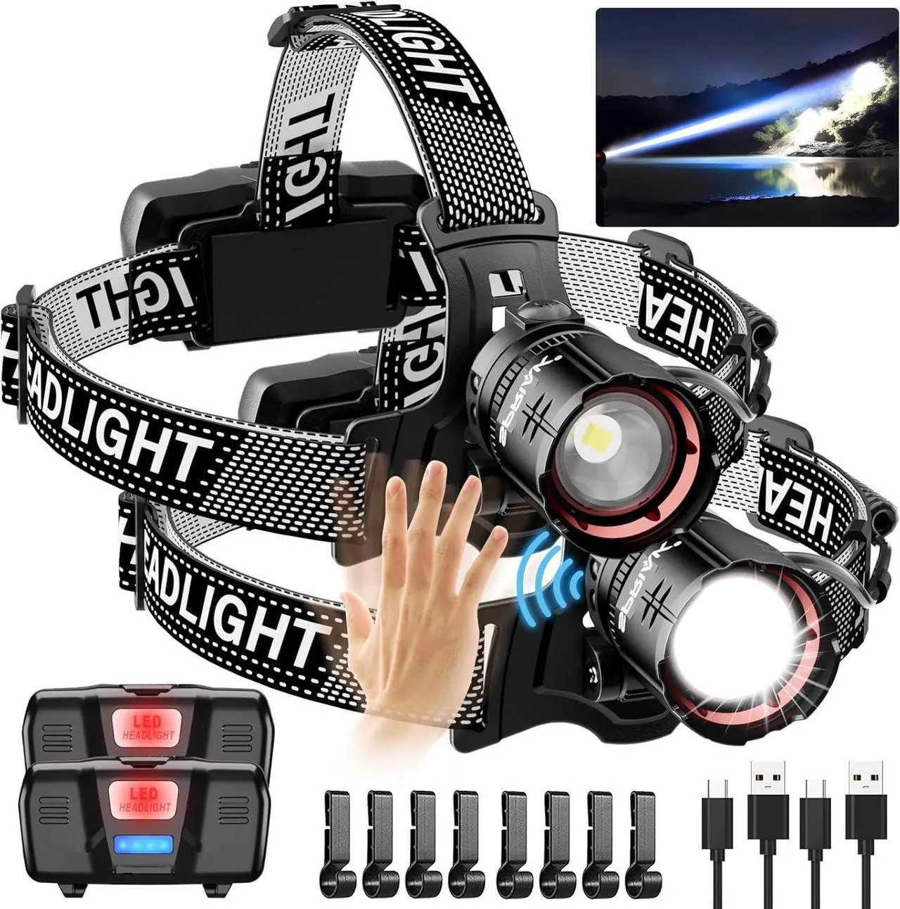Main image of High Lumens LED Headlamp& 100H Using Time USB Rechargeable Head lamp 90° Adjustable Widebeam Motion Sensor Head Light with 5 Modes Zoomable for Camping Running Hiking Hard Hat Headlamps 2pc