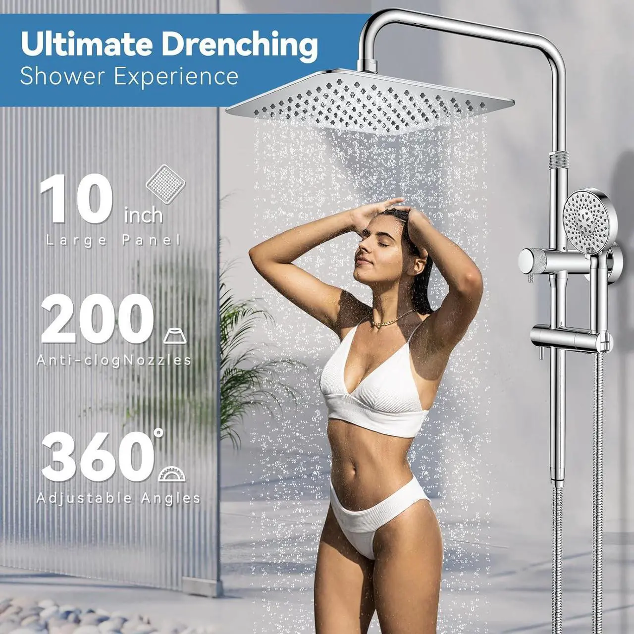 Alt view image 7 of 7 - Rainfall Shower Heads with Handheld Combo - 10 Inch High Pressure Rain Shower Head 9 Modes Handheld Shower Head with Height Adjustable Shower Extension Arm and Slide Bar - Chrome