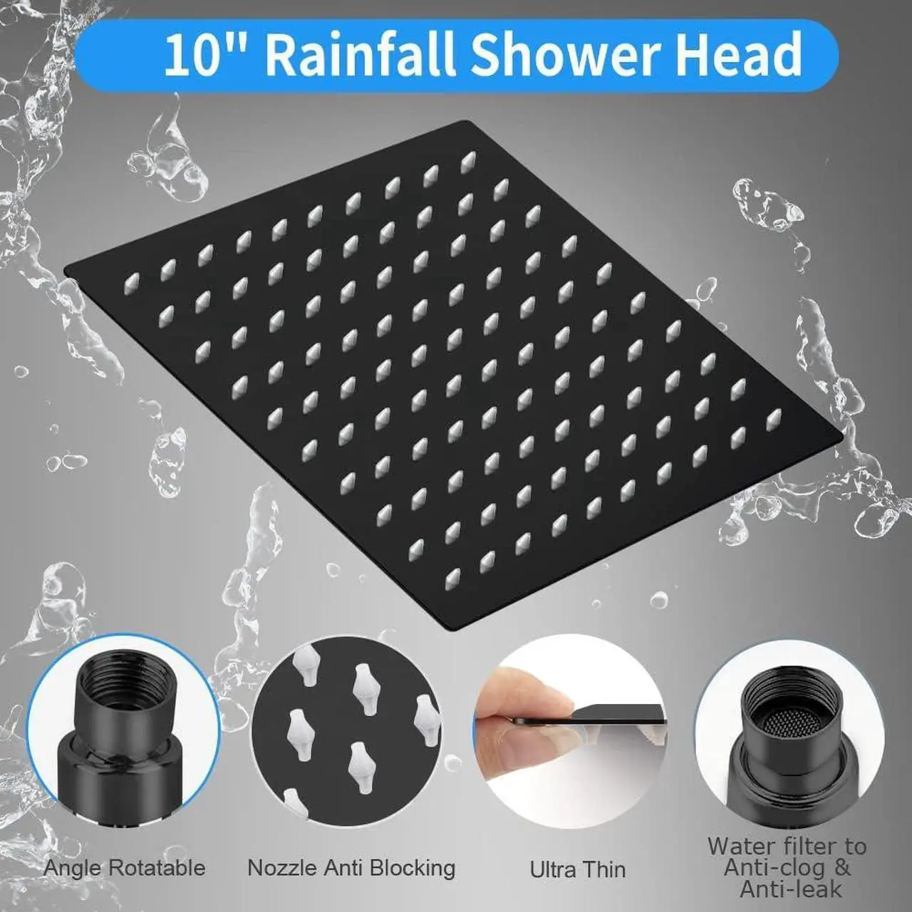 Alt view image 2 of 7 - Shower Head Kaqinu 10 High Pressure Rainfall Shower Head/Handheld Showerhead Combo with 11 Extension Arm Anti-leak Shower Head with Holder/Hose Flow Regulator - Matt Black