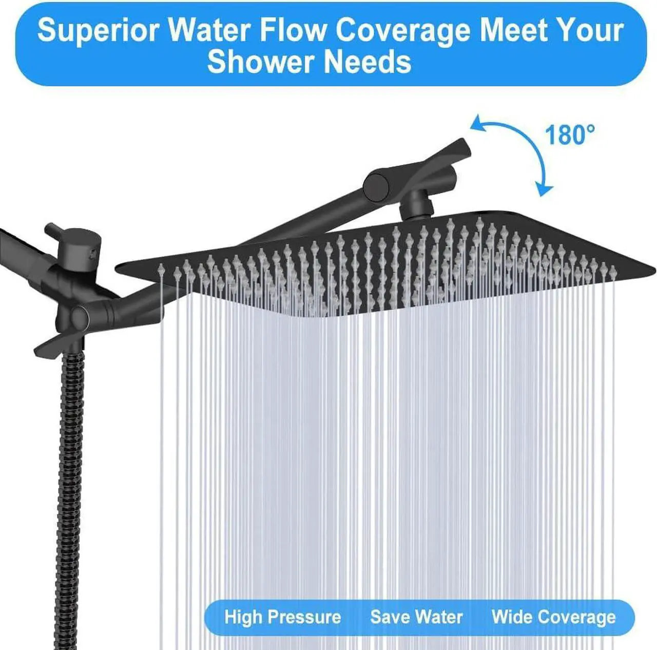 Alt view image 6 of 7 - Shower Head Kaqinu 10 High Pressure Rainfall Shower Head/Handheld Showerhead Combo with 11 Extension Arm Anti-leak Shower Head with Holder/Hose Flow Regulator - Matt Black