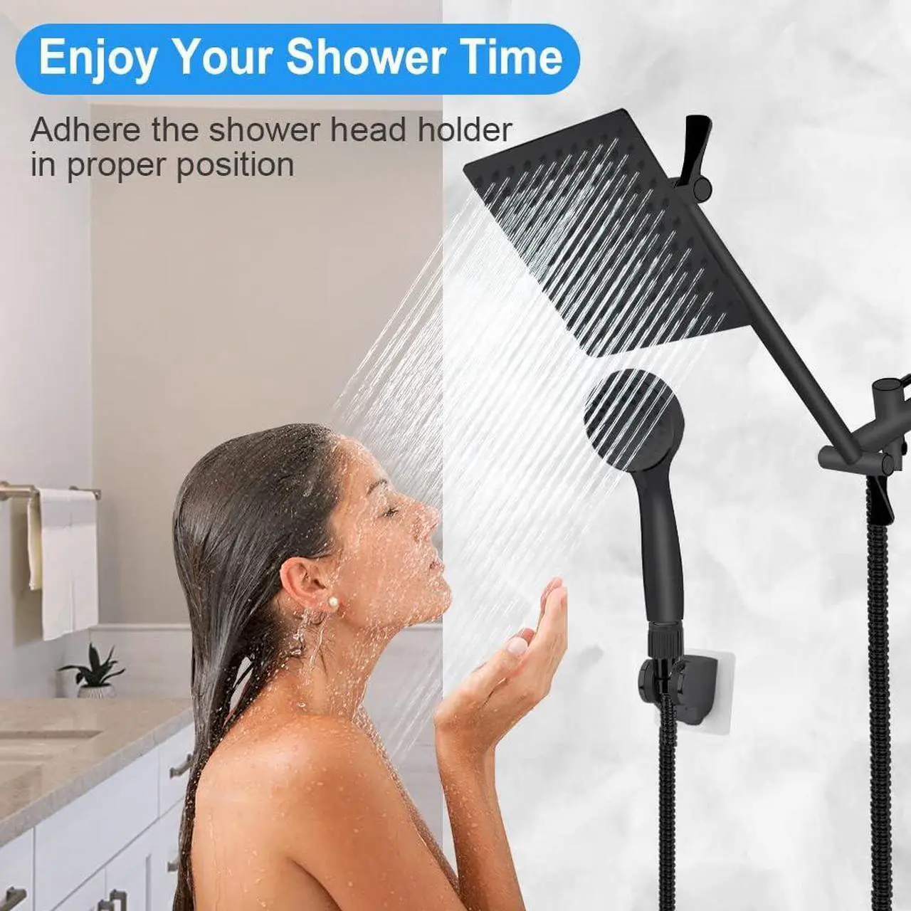 Alt view image 7 of 7 - Shower Head Kaqinu 10 High Pressure Rainfall Shower Head/Handheld Showerhead Combo with 11 Extension Arm Anti-leak Shower Head with Holder/Hose Flow Regulator - Matt Black