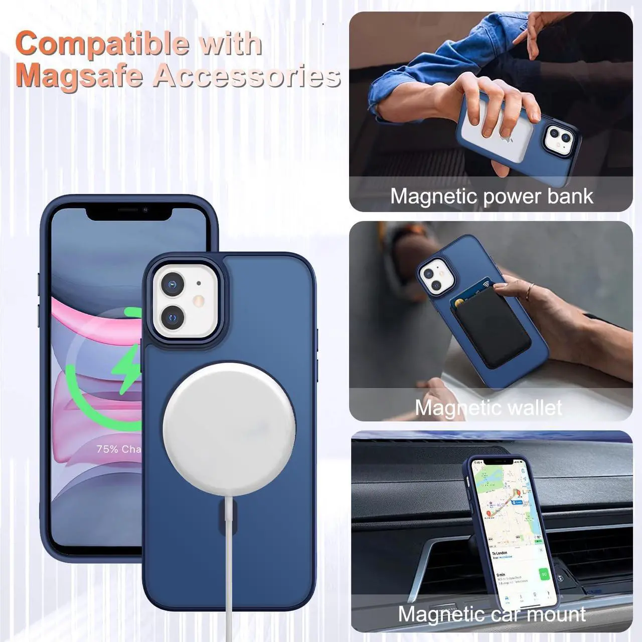 Alt view image 3 of 7 - for iPhone 11 Case Matte Magnetic Phone Case with 1 Screen Protector Compatible with Magsafe Translucent Frosted Slim Shockproof Protective Cover for iPhone 11 6.1 inch Navy Blue