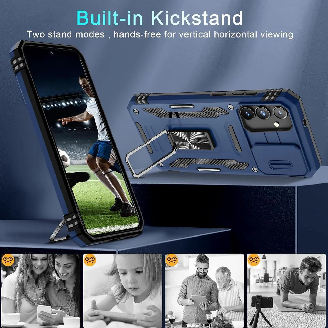 Alt view image 5 of 7 - Case for  Galaxy S25+ Plus 6.7-Inch with Slide Camera Cover+Screen Protector(1 Pack) Rotated Ring Kickstand Military Grade Shockproof Protective Cover-Navy Blue