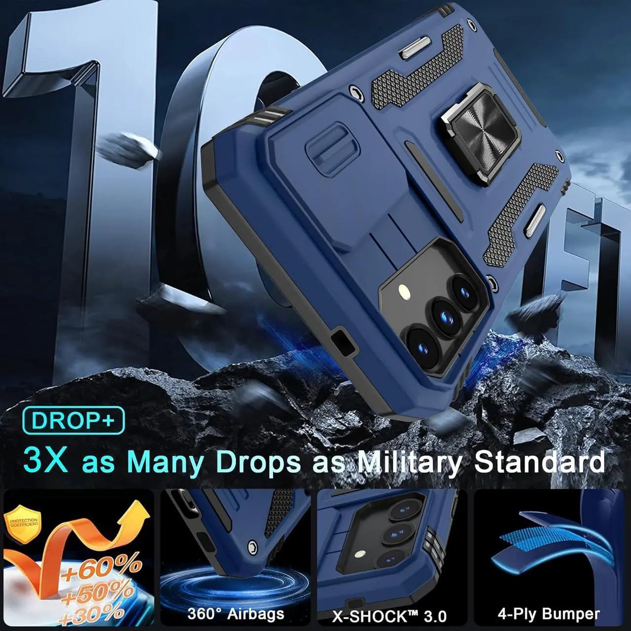 Alt view image 4 of 7 - Case for  Galaxy S25+ Plus 6.7-Inch with Slide Camera Cover+Screen Protector(1 Pack) Rotated Ring Kickstand Military Grade Shockproof Protective Cover-Navy Blue