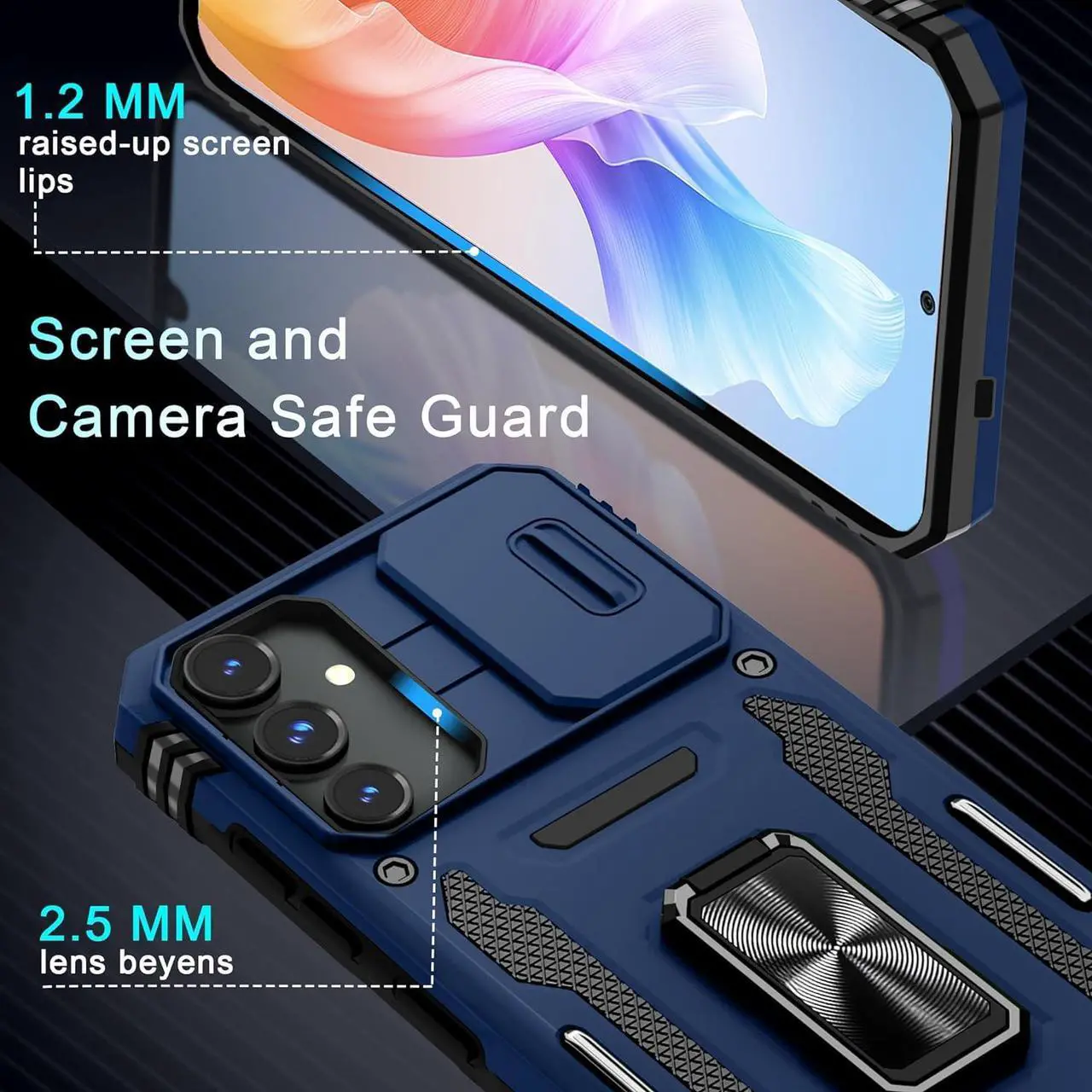 Alt view image 6 of 7 - Case for  Galaxy S25+ Plus 6.7-Inch with Slide Camera Cover+Screen Protector(1 Pack) Rotated Ring Kickstand Military Grade Shockproof Protective Cover-Navy Blue