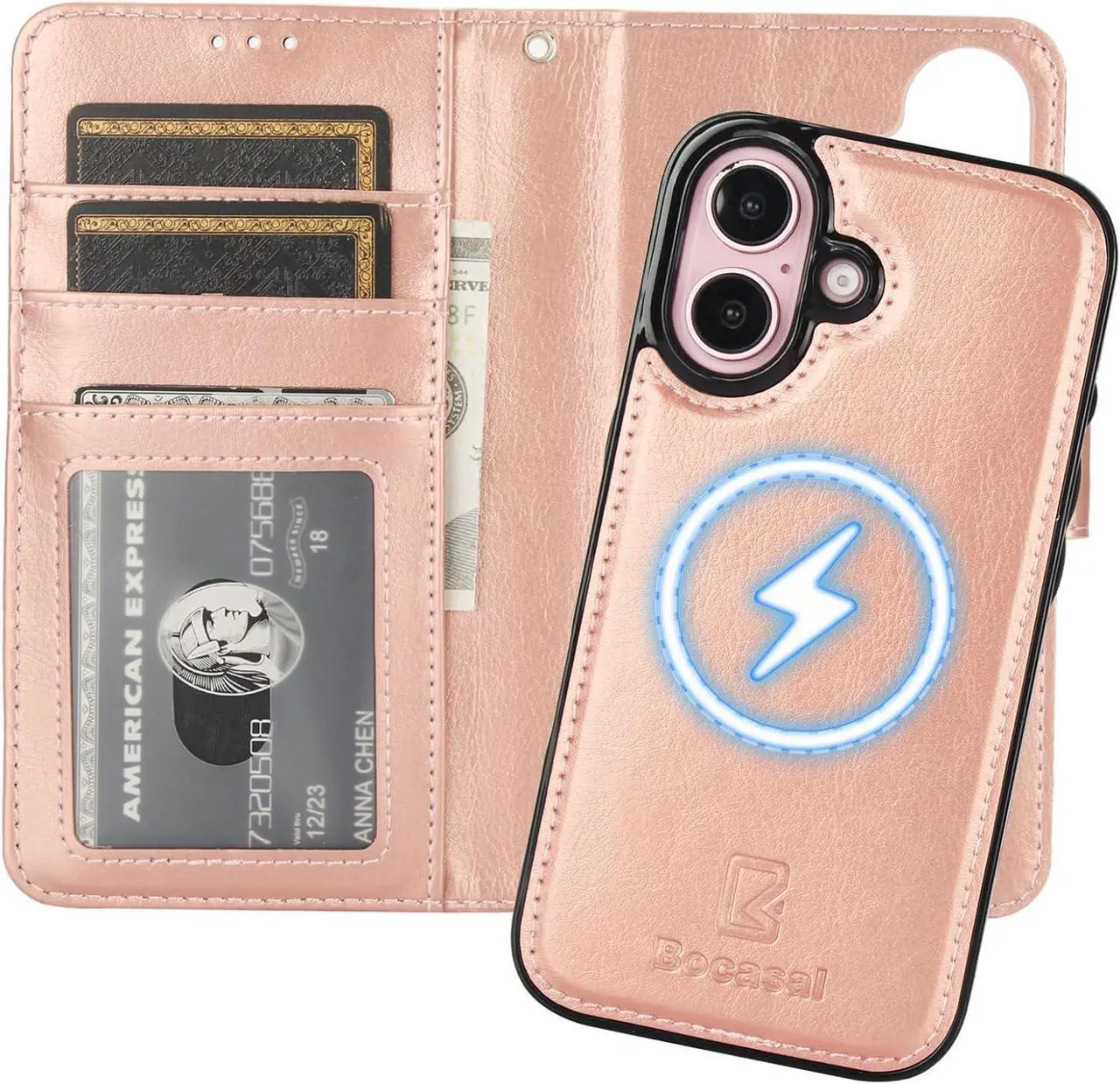 Main image of for iPhone 16 Wallet Case Compatible with MagSafe Wireless Charging RFID Blocking Magnetic Leather Case with Card Slots Holder Kickstand Detachable Wrist Strap 6.1 Inch (Rose Gold)