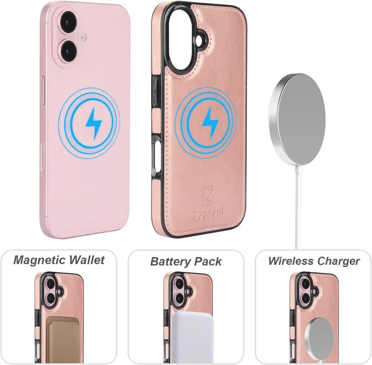 Alt view image 4 of 7 - for iPhone 16 Wallet Case Compatible with MagSafe Wireless Charging RFID Blocking Magnetic Leather Case with Card Slots Holder Kickstand Detachable Wrist Strap 6.1 Inch (Rose Gold)