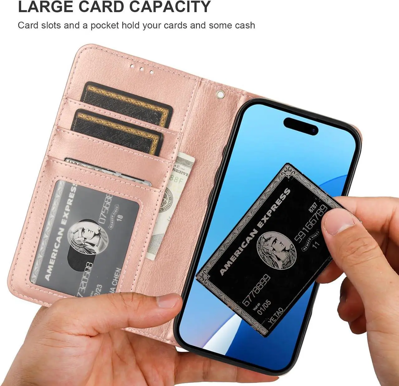 Alt view image 5 of 7 - for iPhone 16 Wallet Case Compatible with MagSafe Wireless Charging RFID Blocking Magnetic Leather Case with Card Slots Holder Kickstand Detachable Wrist Strap 6.1 Inch (Rose Gold)