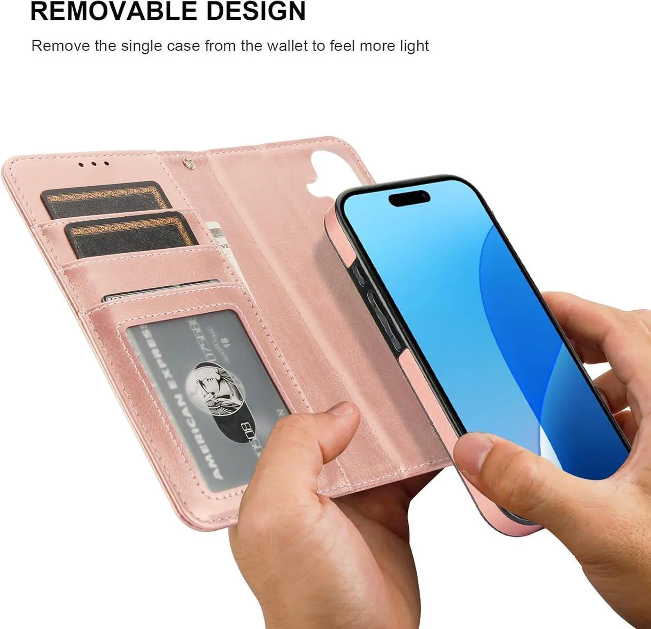 Alt view image 3 of 7 - for iPhone 16 Wallet Case Compatible with MagSafe Wireless Charging RFID Blocking Magnetic Leather Case with Card Slots Holder Kickstand Detachable Wrist Strap 6.1 Inch (Rose Gold)