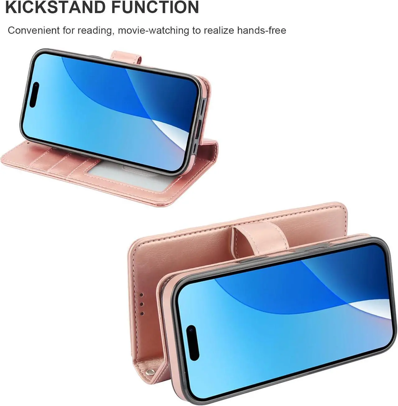 Alt view image 7 of 7 - for iPhone 16 Wallet Case Compatible with MagSafe Wireless Charging RFID Blocking Magnetic Leather Case with Card Slots Holder Kickstand Detachable Wrist Strap 6.1 Inch (Rose Gold)