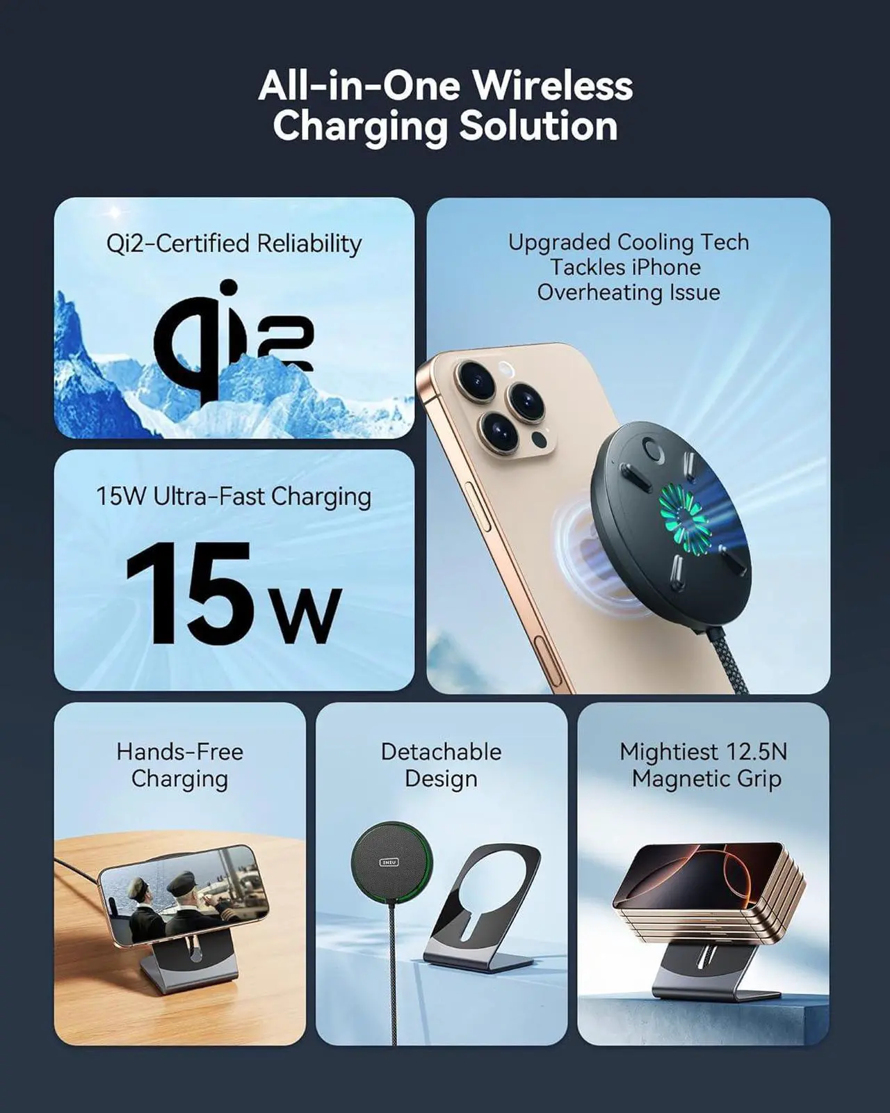 Alt view image 3 of 7 - Magnetic Wireless Charger Stand Qi2 Certified 15W Convertible Charging Station with Cooling Fan Fast Charging Pad for iPhone 16 15 14 13 12 Series AirPods 4 3 Pro2 Pro (with Adapter)