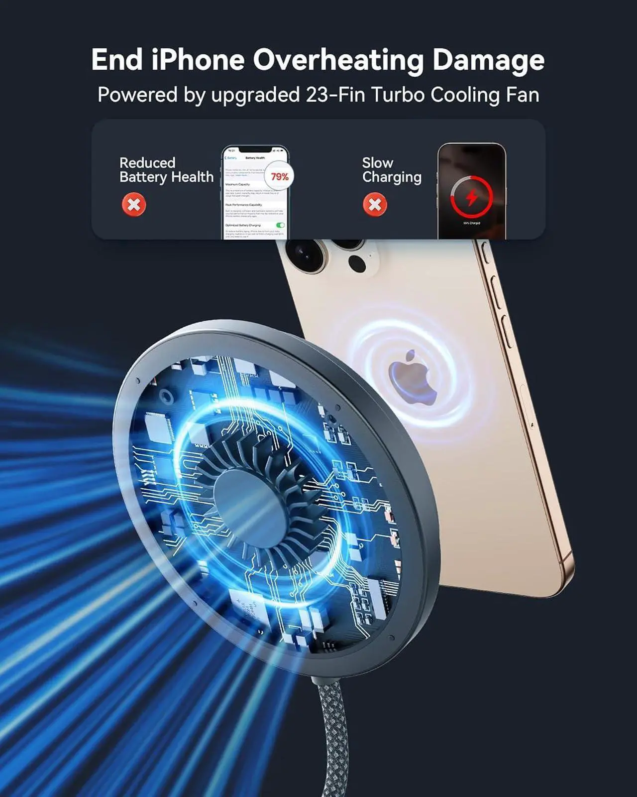 Alt view image 4 of 7 - Magnetic Wireless Charger Stand Qi2 Certified 15W Convertible Charging Station with Cooling Fan Fast Charging Pad for iPhone 16 15 14 13 12 Series AirPods 4 3 Pro2 Pro (with Adapter)