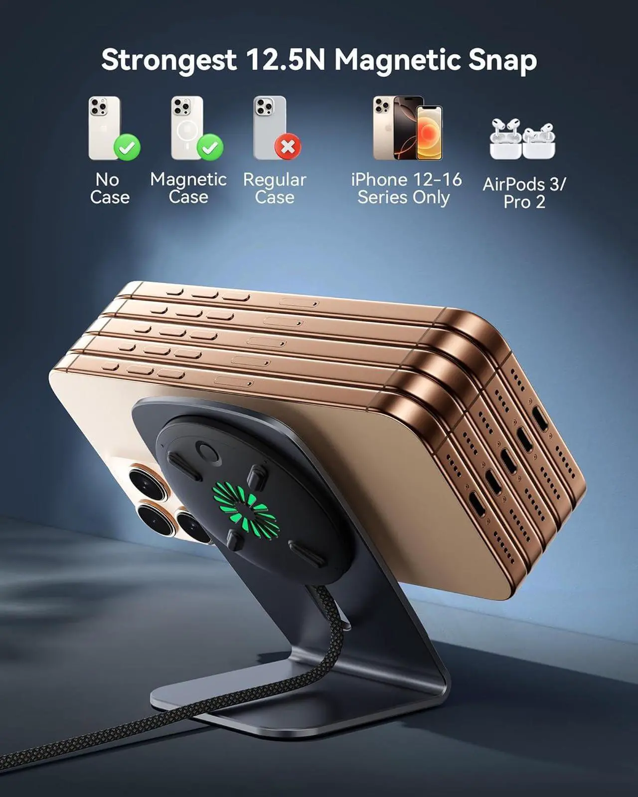 Alt view image 6 of 7 - Magnetic Wireless Charger Stand Qi2 Certified 15W Convertible Charging Station with Cooling Fan Fast Charging Pad for iPhone 16 15 14 13 12 Series AirPods 4 3 Pro2 Pro (with Adapter)