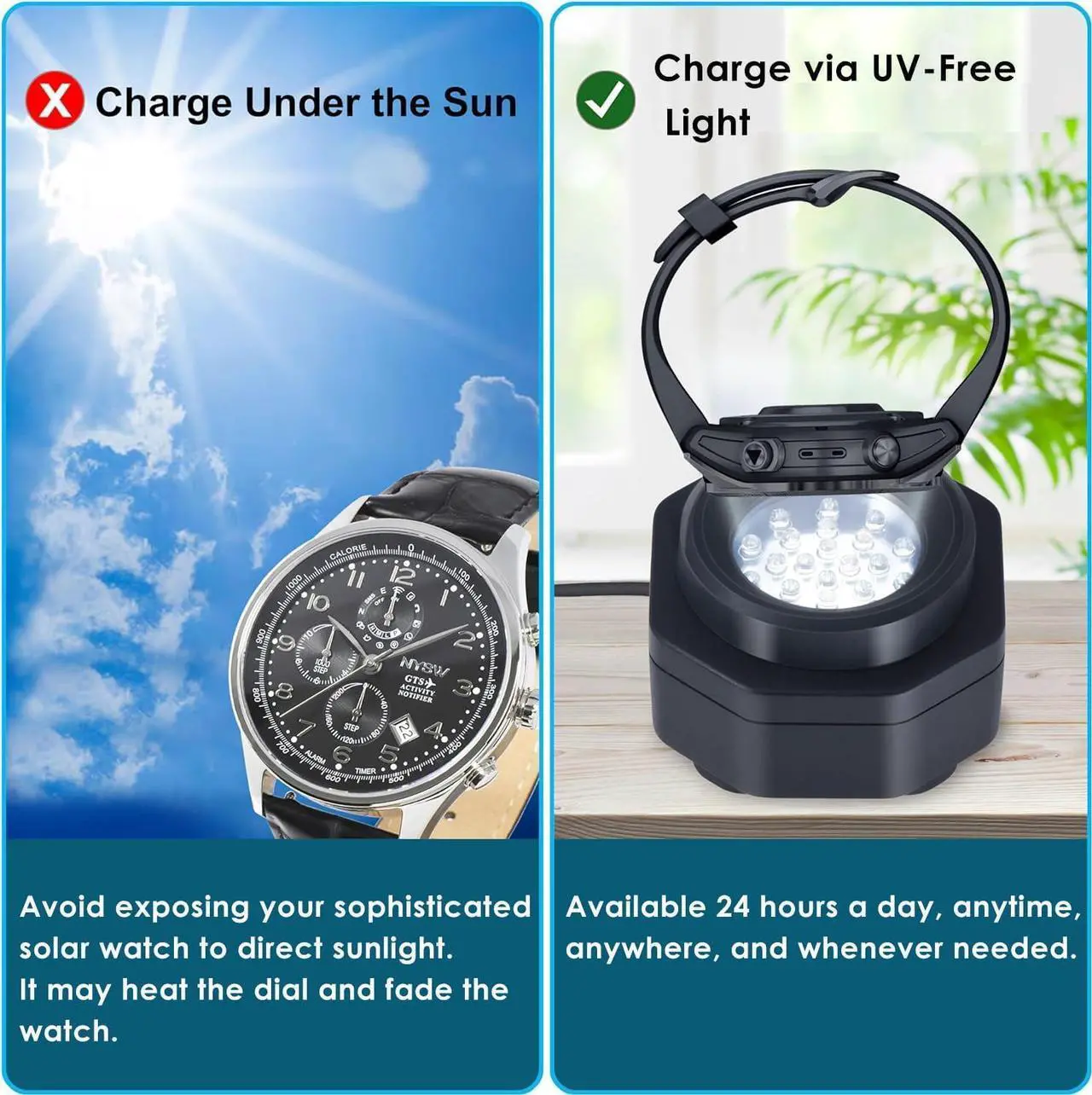 Alt view image 2 of 7 - CoolFire - UV Free Solar Watch Fast Charger for All Eco Solar Watches for Men Reloj Hombre Portable Battery Charger for All Kinds of Sophisticated Eco Solar Watches (Black)