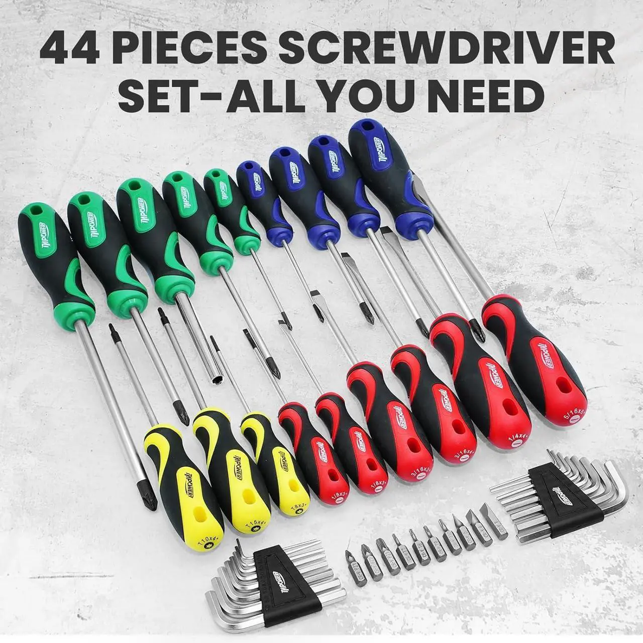 Alt view image 4 of 7 - Magnetic Screwdriver Set Includes Hex Key Set Bit Driver and Bit Set High Torque 44-Piece with Plastic Racking DIY Tools Set