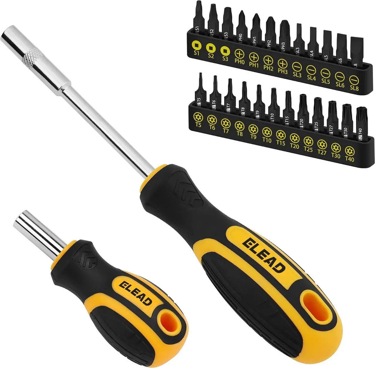 Main image of 26-Piece Magnetic Screwdriver & Bit Set - Strong Magnetic Bit Holder and Screwdriver Bits Durable & Versatile Ergonomic Cushion Grip 95mm & 210mm Handles Torx Square Phillips Slotted Bits