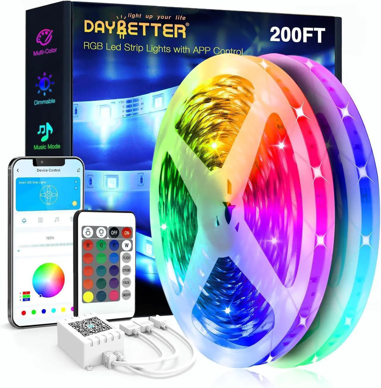 Main image of Led Strip Lights 200 ft (2 Rolls of 100 ft) Ultra Long Smart Light Strips with App Voice Control Remote RGB Music Sync Color Changing Lights for Bedroom Kitchen Party Home Decoration