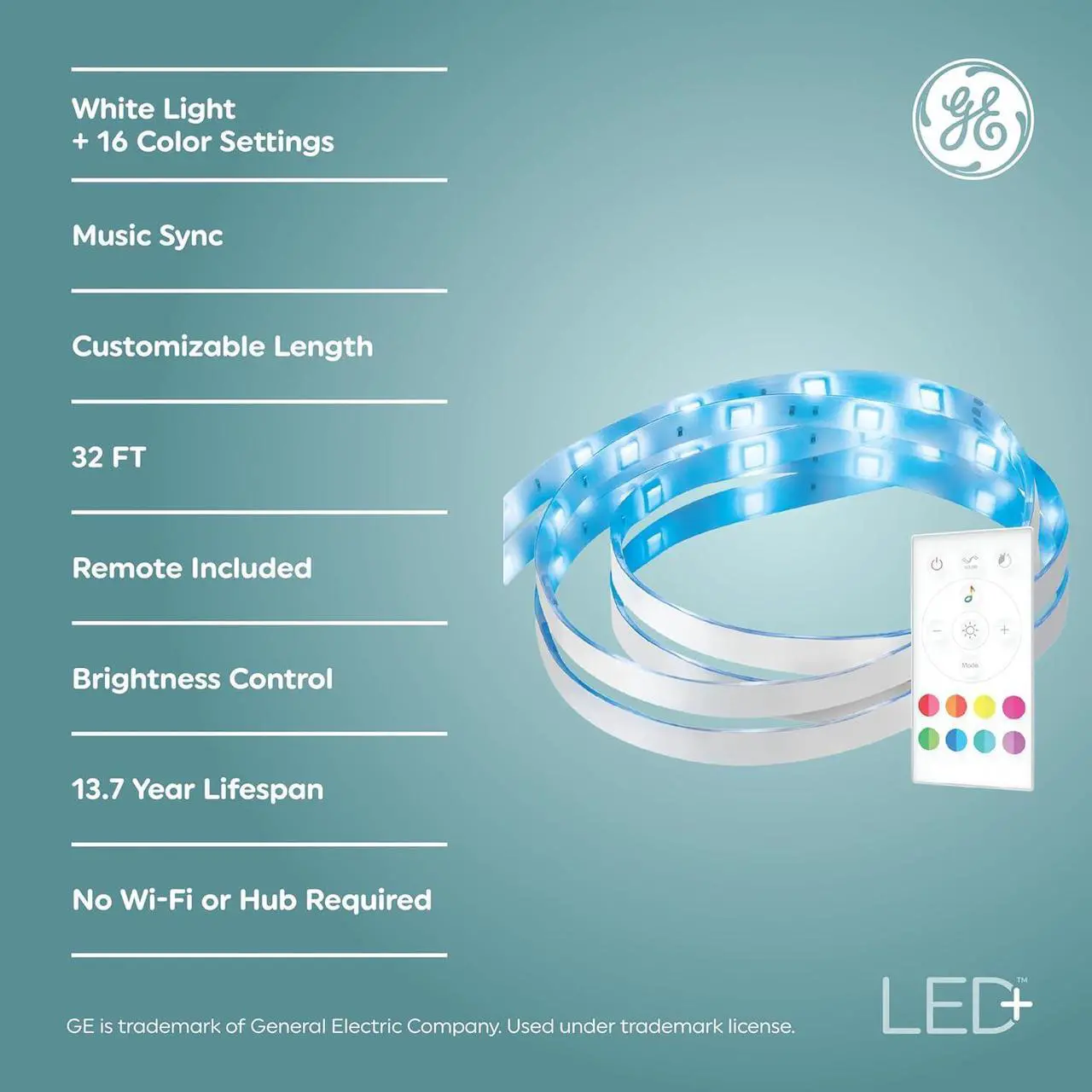 Alt view image 2 of 7 - LED+ Color Changing LED Light Strip with Remote 13W Music Syncing Strip Light 32ft