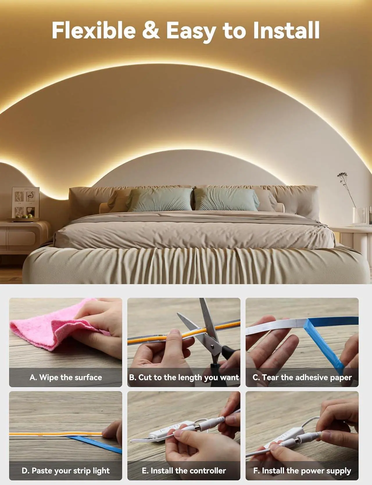 Alt view image 6 of 7 - COB LED Strip Light 16.4ft Engineering Level UL Listed Warm White 2700K CRI93+ Super Bright High Lumen Dimmable 24V Flexible LED Tape Light with RF Remote for Cabinets Home&Office DIY Lighting