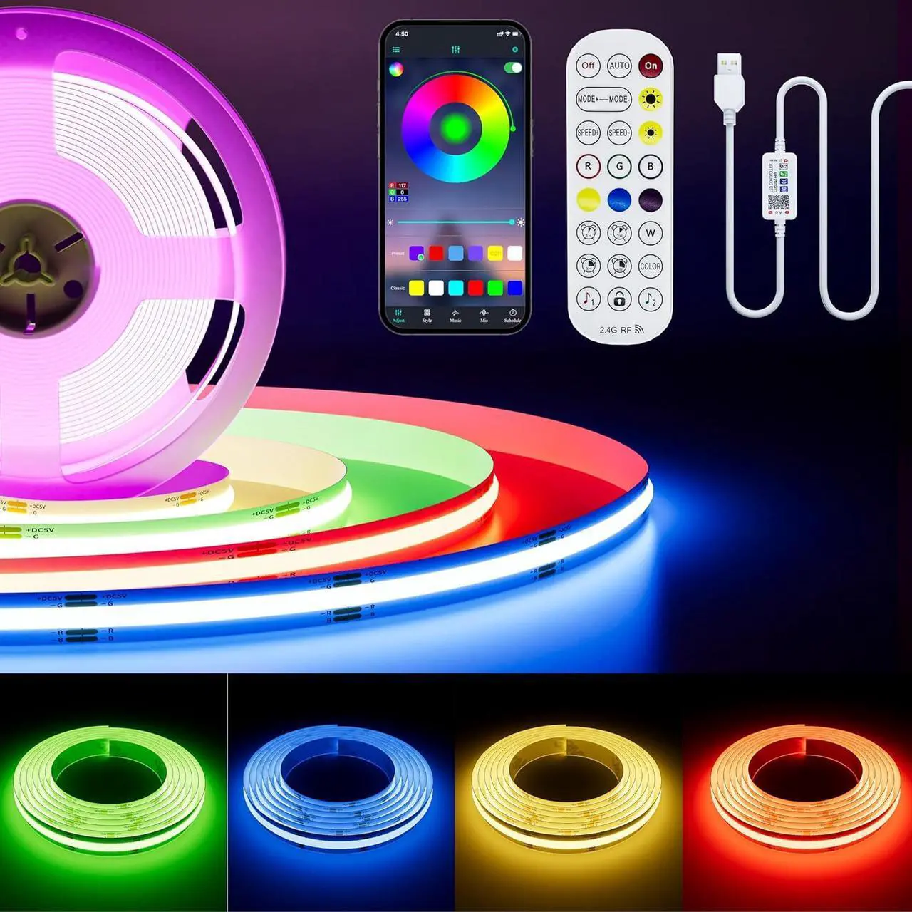 Main image of 5V USB COB RGB LED Strip Light 4.92ft/1.5m Color Changing Light Strips TV Backlight Multicolor Flexible Under Cabinet Tape Lights with Bluetooth Control for Bedroom Kitchen Home DIY Lighting