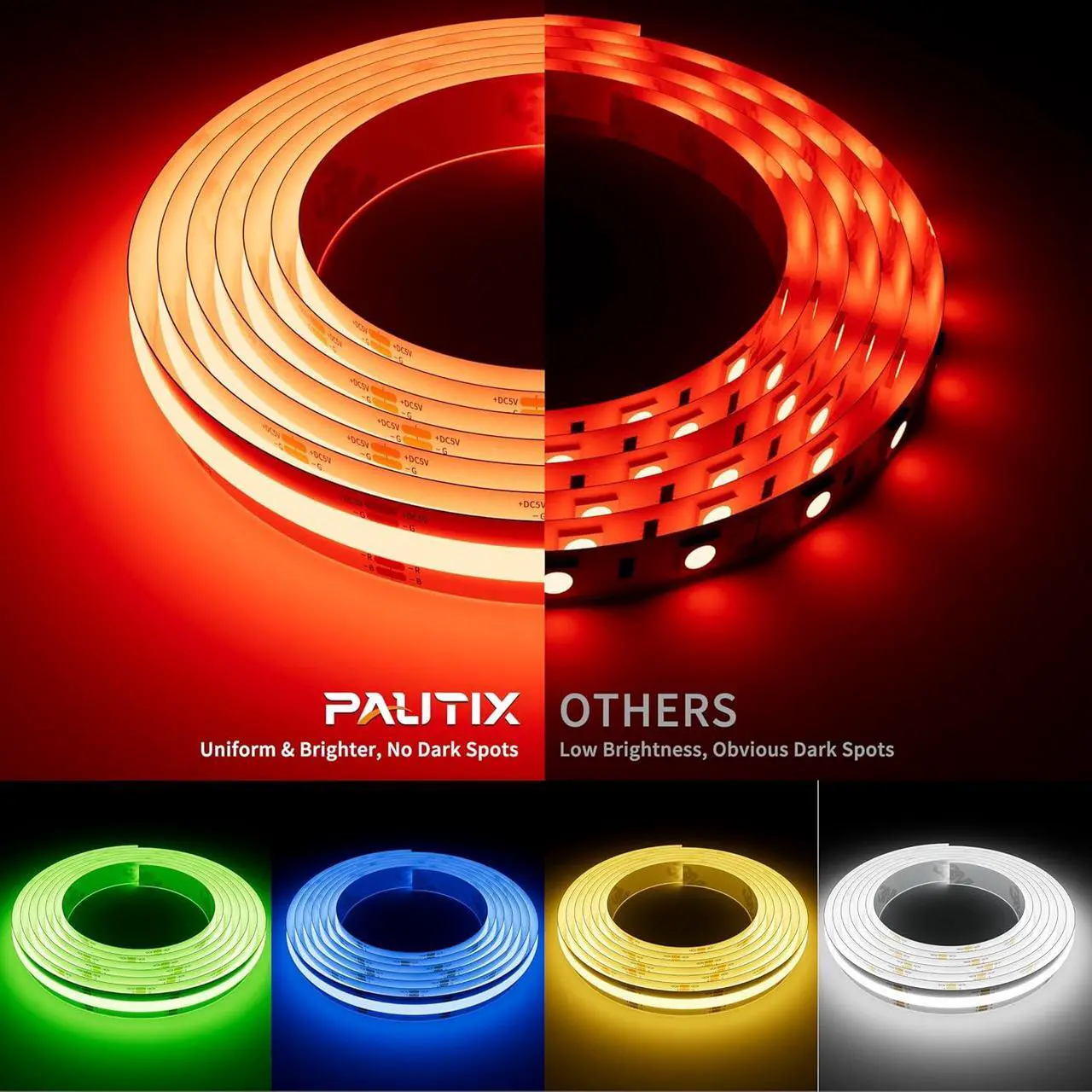 Alt view image 2 of 7 - 5V USB COB RGB LED Strip Light 4.92ft/1.5m Color Changing Light Strips TV Backlight Multicolor Flexible Under Cabinet Tape Lights with Bluetooth Control for Bedroom Kitchen Home DIY Lighting