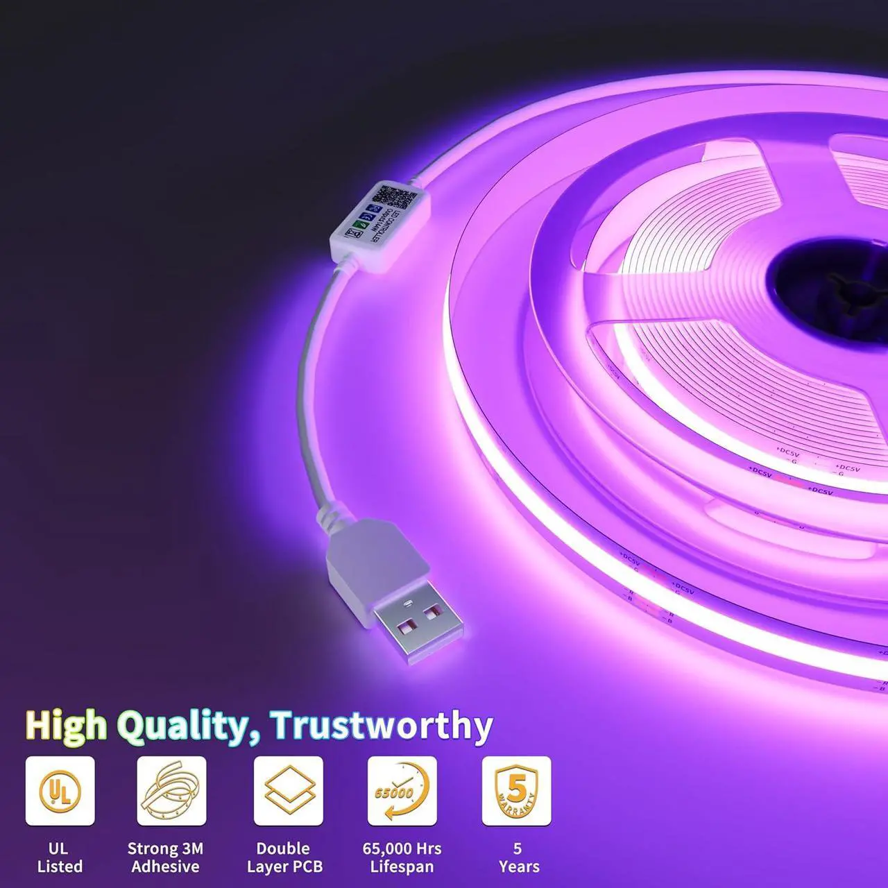Alt view image 5 of 7 - 5V USB COB RGB LED Strip Light 4.92ft/1.5m Color Changing Light Strips TV Backlight Multicolor Flexible Under Cabinet Tape Lights with Bluetooth Control for Bedroom Kitchen Home DIY Lighting