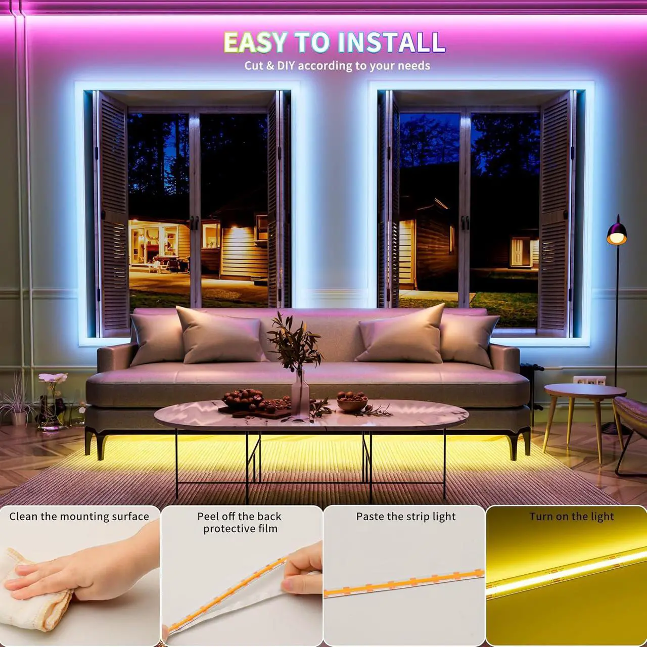 Alt view image 7 of 7 - 5V USB COB RGB LED Strip Light 4.92ft/1.5m Color Changing Light Strips TV Backlight Multicolor Flexible Under Cabinet Tape Lights with Bluetooth Control for Bedroom Kitchen Home DIY Lighting