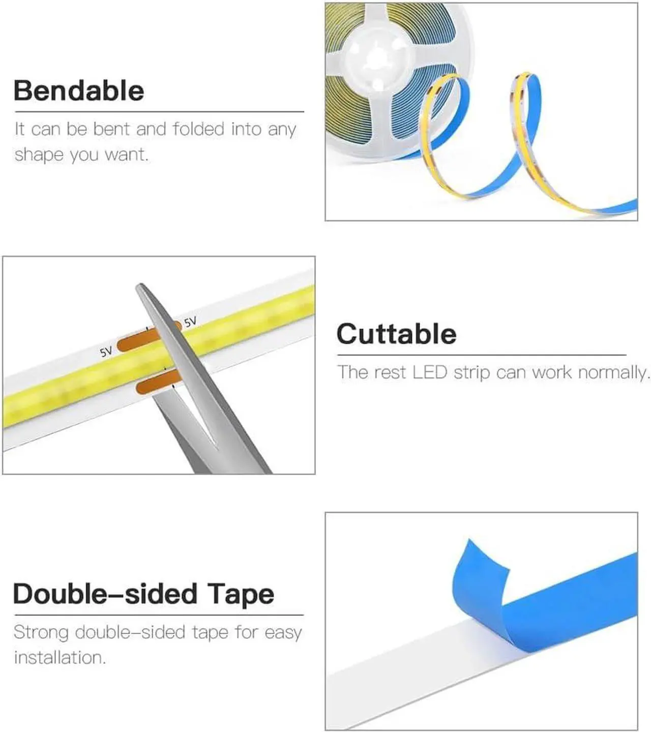 Alt view image 7 of 7 - A 5V USB LED Light Strip COB LED Strip Lights White 5V LED Lights Small LED Strip Light TV Lights for TV Under Cabinet Kitchen Living Room Shelving or Displays (White 3.28ft)