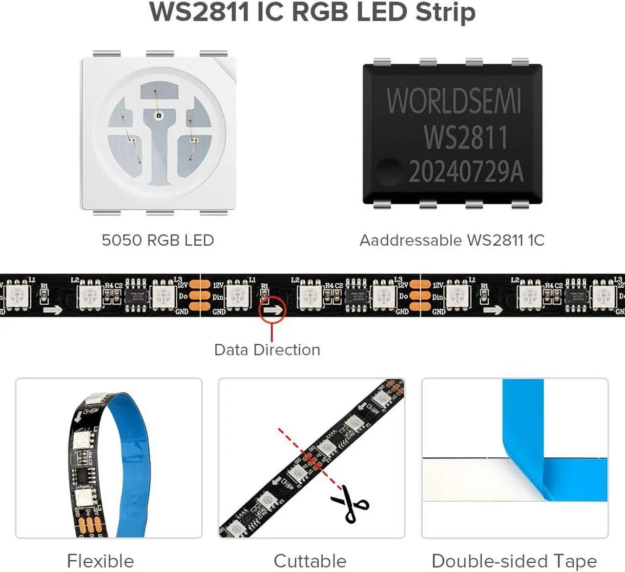 Alt view image 5 of 7 - WS2811 IC=RGB+IC Addressable Dream Color LED Strip 16.4FT 60LEDs/m 20Pixels/m IP65 Splash Proof Black PCB Flexible DC12V Chasing Effect for Home Indoor Decor(No Adapter or Controller)